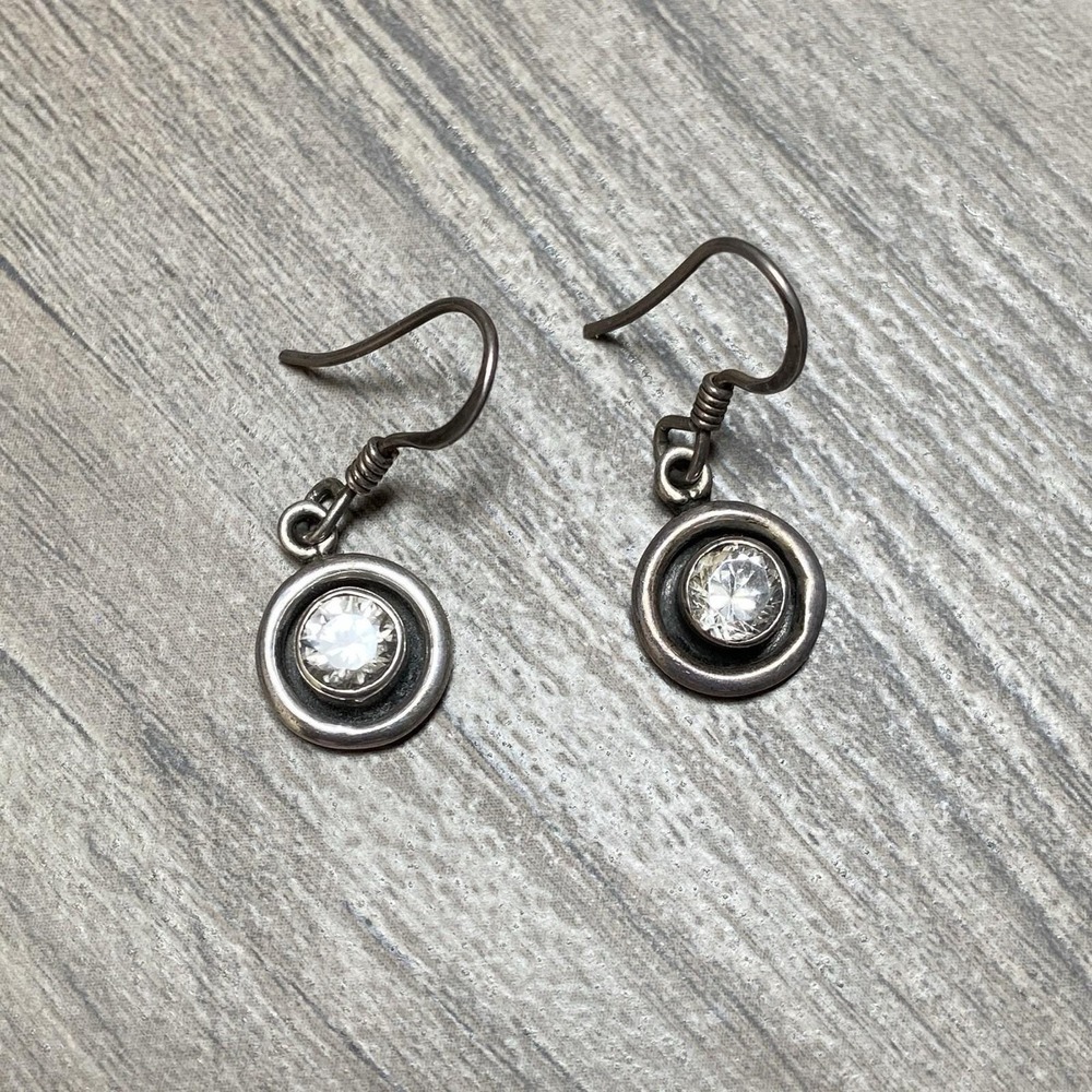 VTG Sterling Silver 925 Earrings Small Round Dangle Pierced Hooks Clear Glass